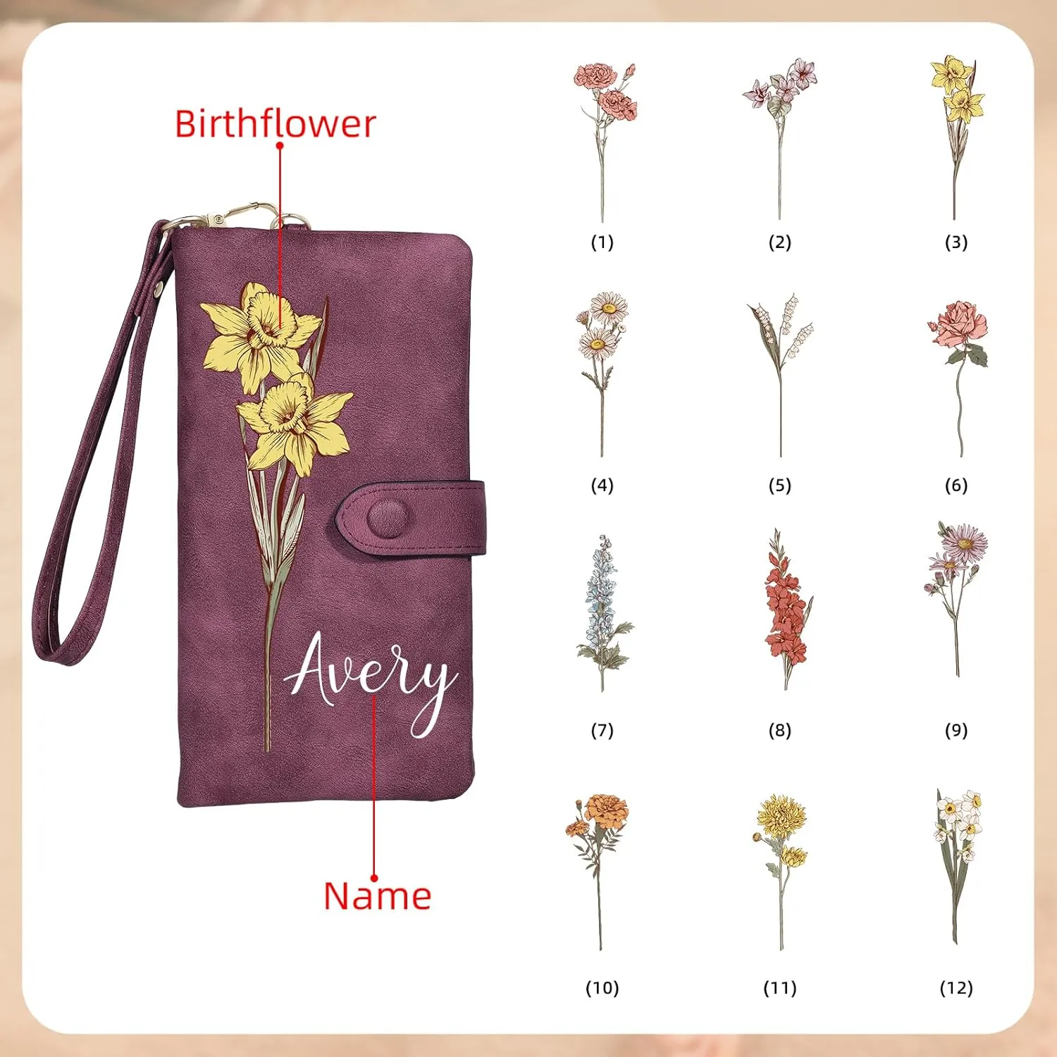 Custom Leather Wallet for Women - Personalized Ladies Wallet with Birthflower & Name - Womens Wallets PU Leather Gifts for Women Mothers Day Gifts for Her (Purple)