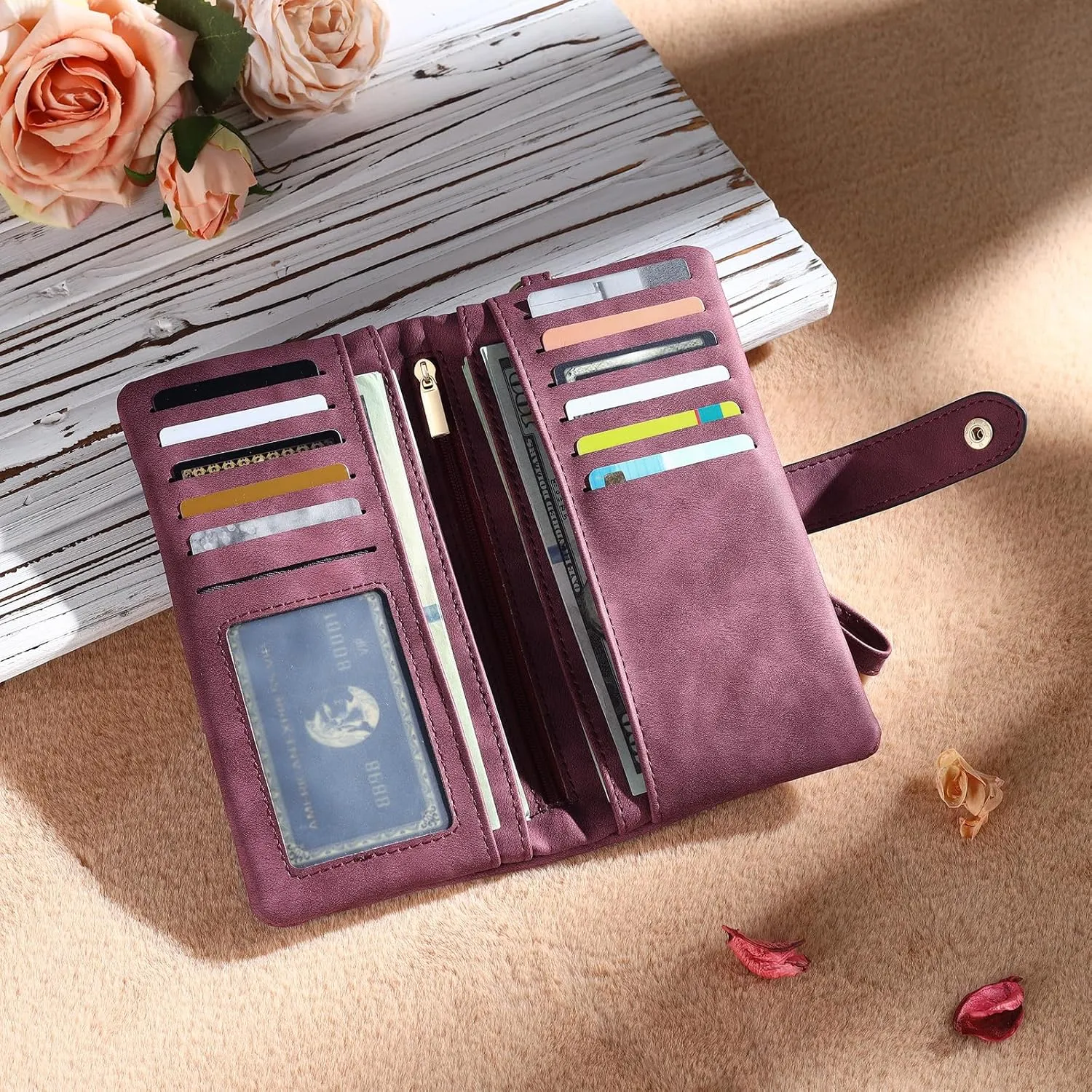 Custom Leather Wallet for Women - Personalized Ladies Wallet with Birthflower & Name - Womens Wallets PU Leather Gifts for Women Mothers Day Gifts for Her (Purple)