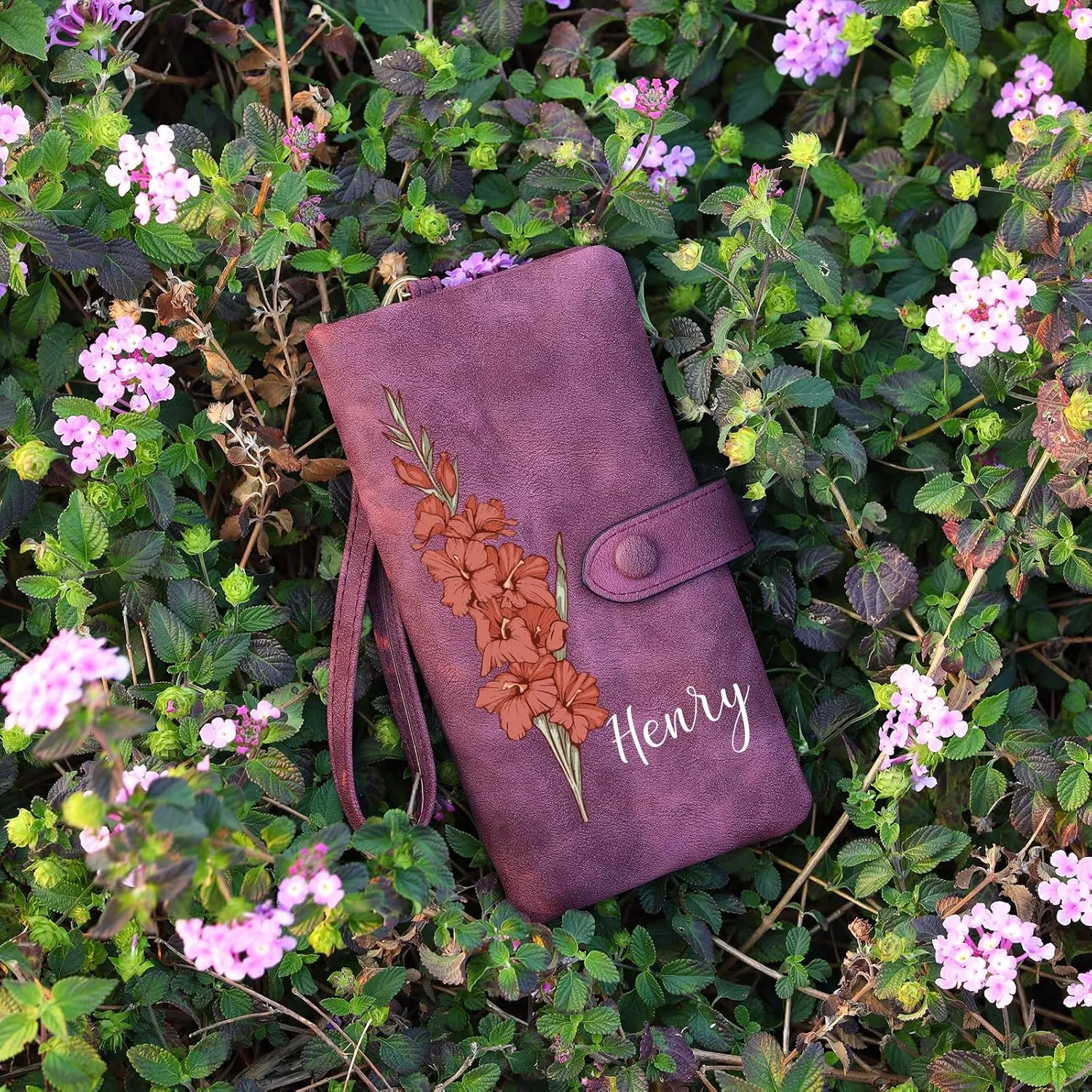 Custom Leather Wallet for Women - Personalized Ladies Wallet with Birthflower & Name - Womens Wallets PU Leather Gifts for Women Mothers Day Gifts for Her (Purple)