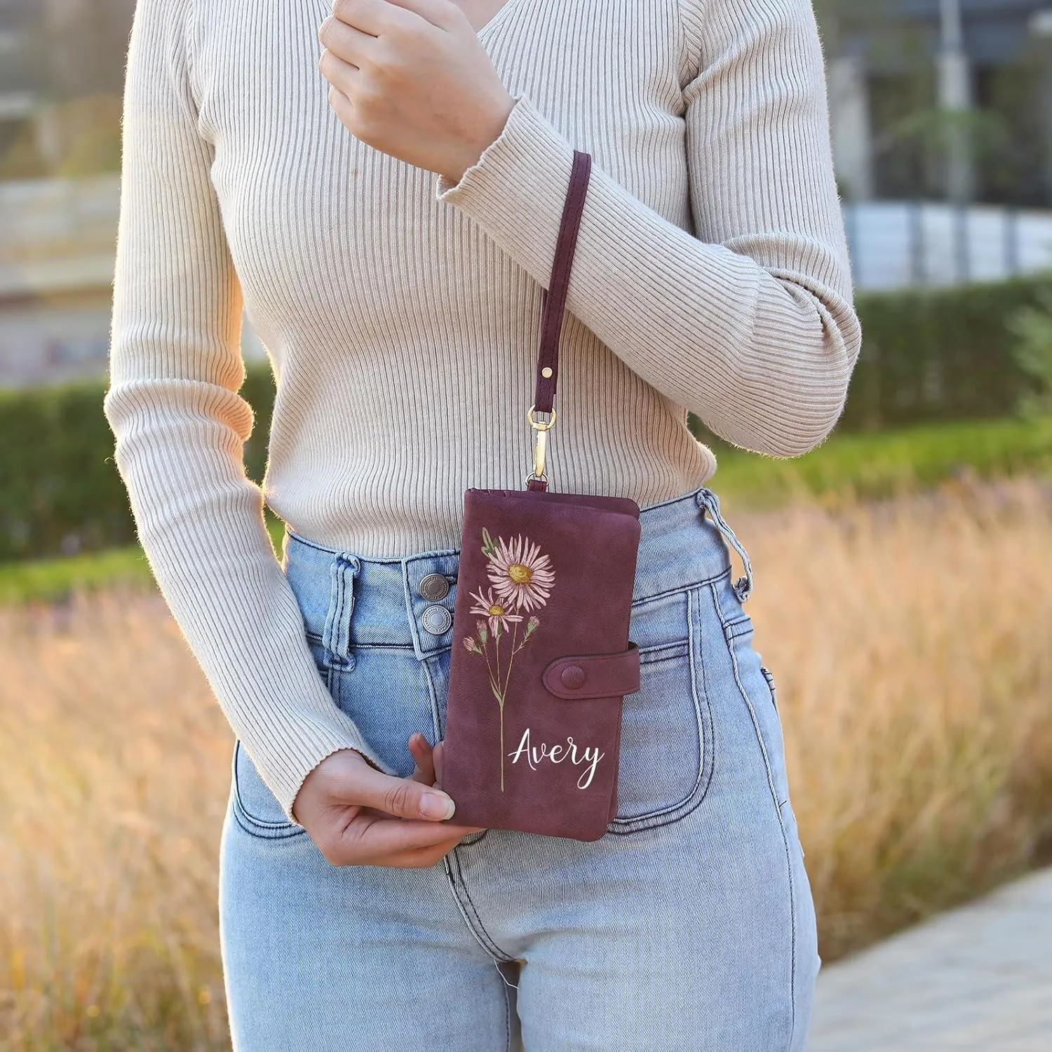 Custom Leather Wallet for Women - Personalized Ladies Wallet with Birthflower & Name - Womens Wallets PU Leather Gifts for Women Mothers Day Gifts for Her (Purple)