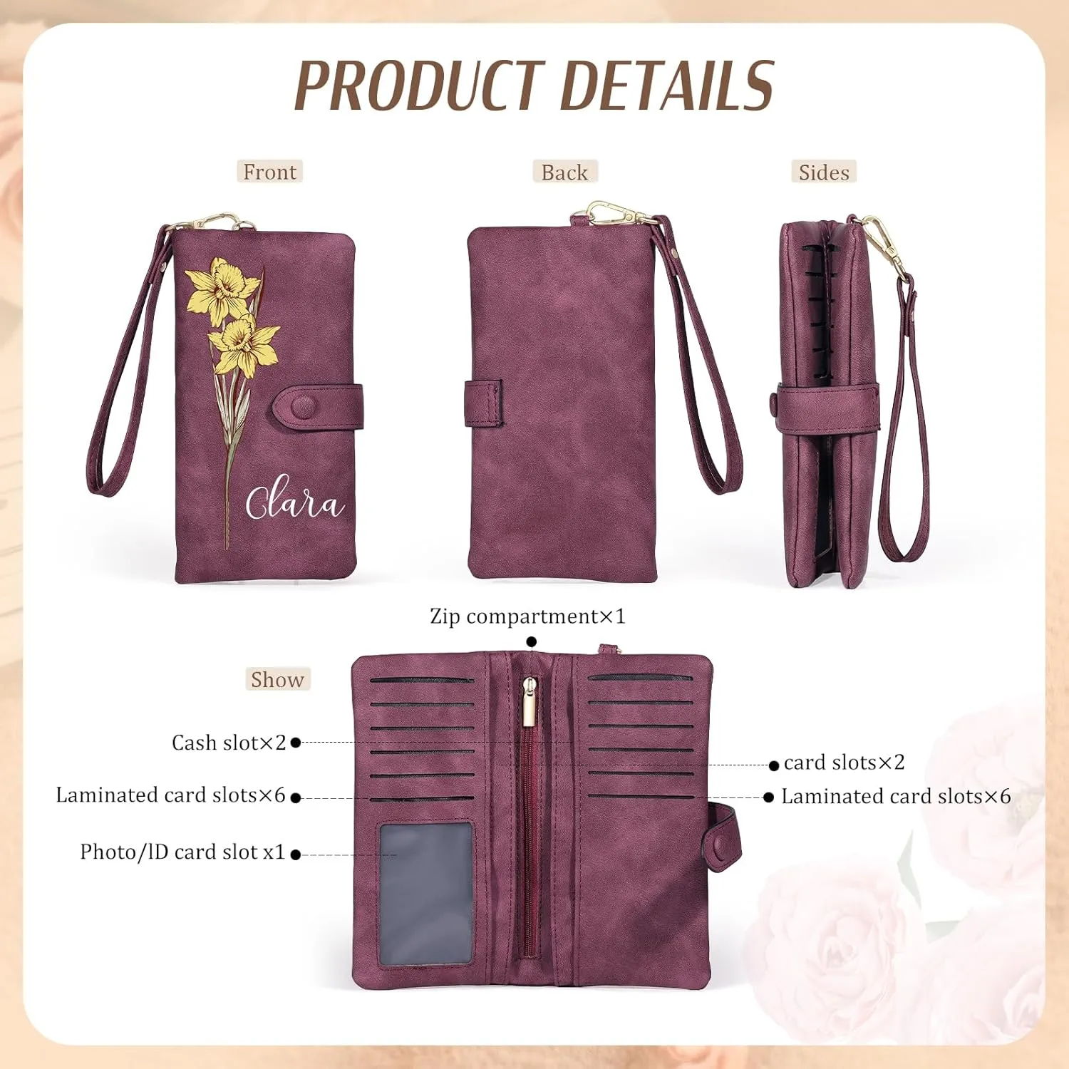 Custom Leather Wallet for Women - Personalized Ladies Wallet with Birthflower & Name - Womens Wallets PU Leather Gifts for Women Mothers Day Gifts for Her (Purple)