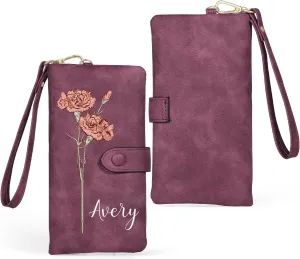 Custom Leather Wallet for Women - Personalized Ladies Wallet with Birthflower & Name - Womens Wallets PU Leather Gifts for Women Mothers Day Gifts for Her (Purple)