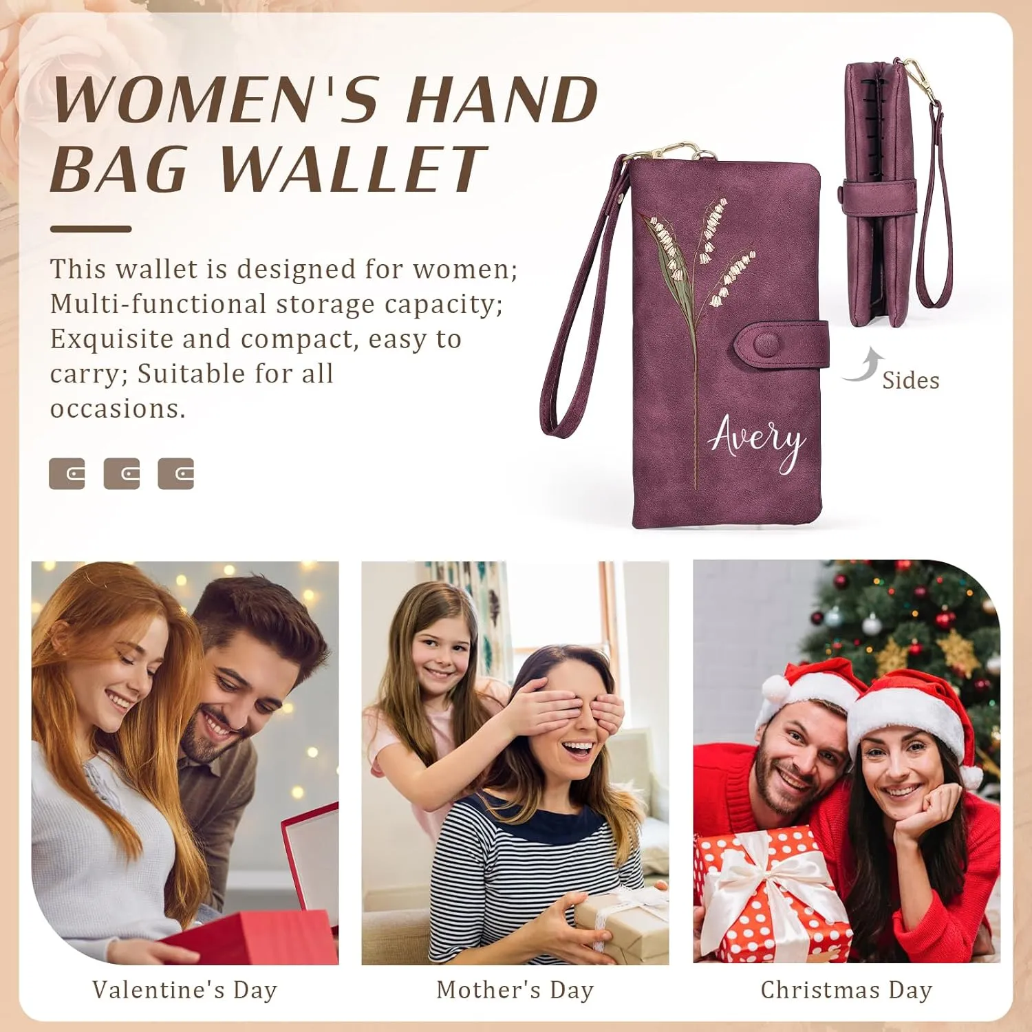 Custom Leather Wallet for Women - Personalized Ladies Wallet with Birthflower & Name - Womens Wallets PU Leather Gifts for Women Mothers Day Gifts for Her (Purple)