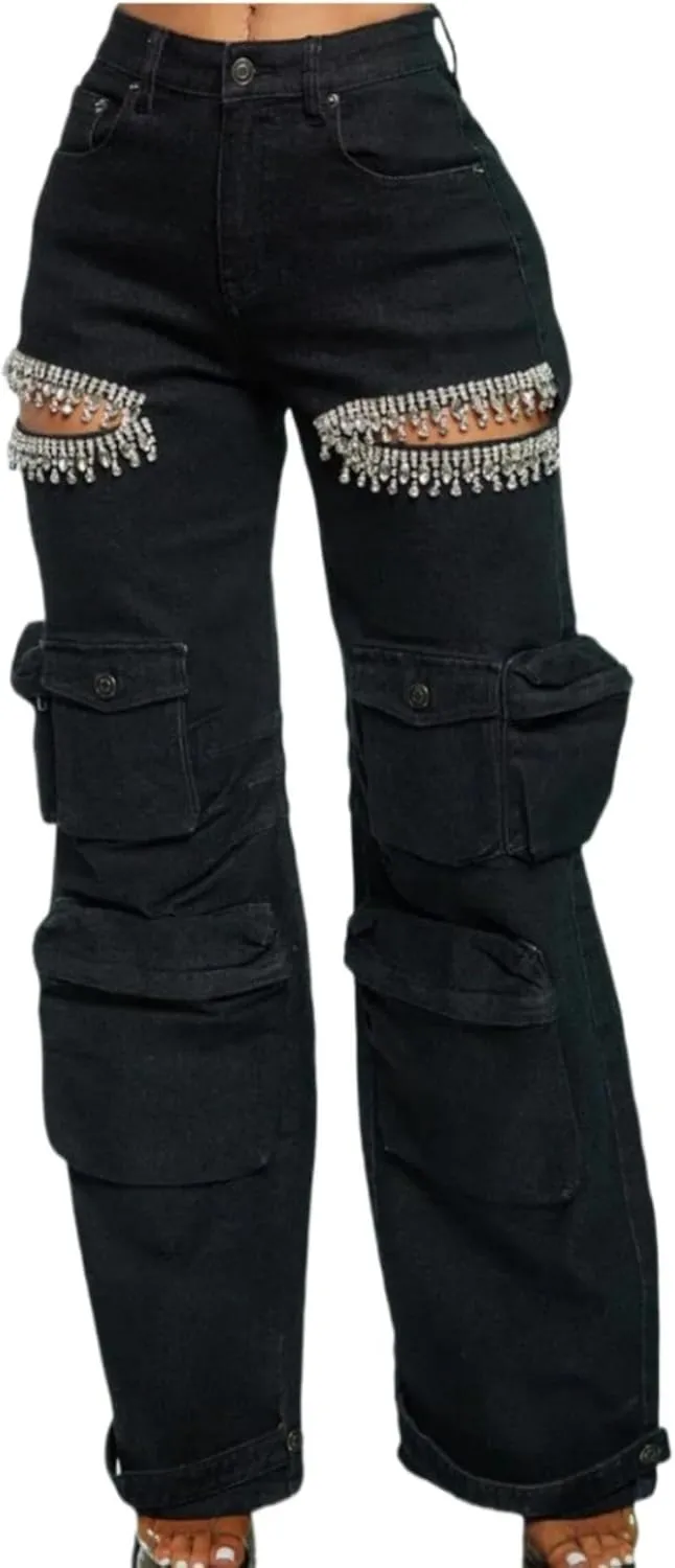 Cut Out Jeans for Women Straight Leg High Waisted Ripped Rhinestone Pearl Beaded Denim Pants