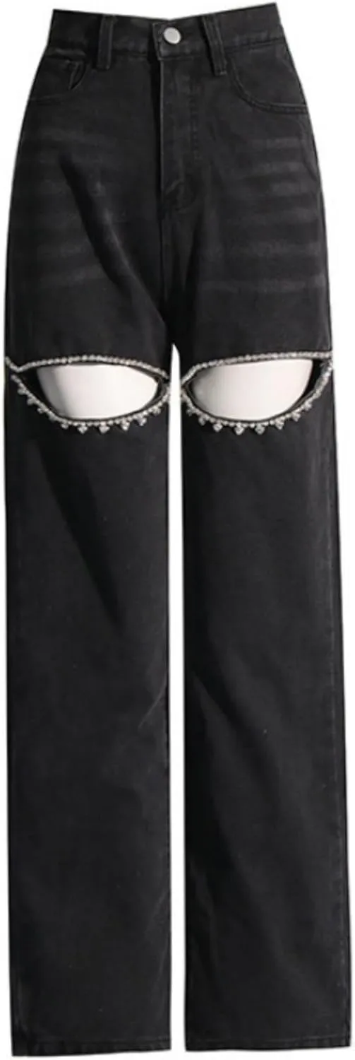 Cut Out Jeans for Women Straight Leg High Waisted Ripped Rhinestone Pearl Beaded Denim Pants