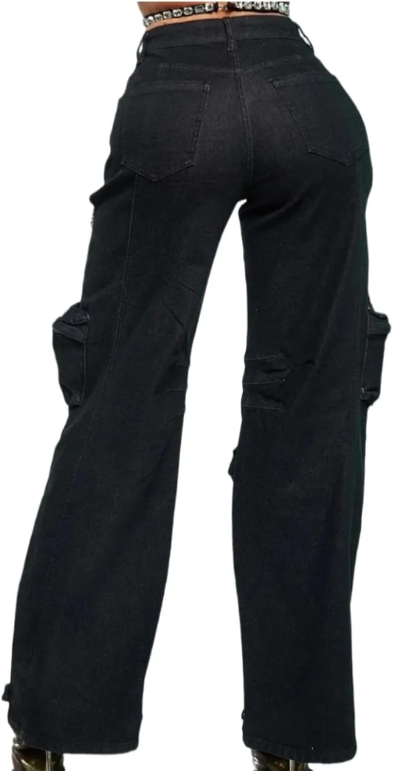 Cut Out Jeans for Women Straight Leg High Waisted Ripped Rhinestone Pearl Beaded Denim Pants