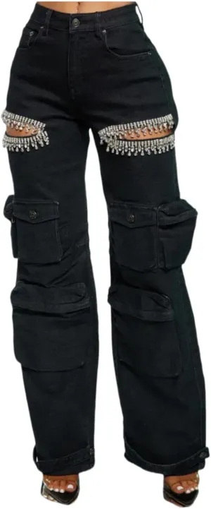 Cut Out Jeans for Women Straight Leg High Waisted Ripped Rhinestone Pearl Beaded Denim Pants