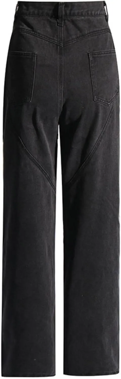 Cut Out Jeans for Women Straight Leg High Waisted Ripped Rhinestone Pearl Beaded Denim Pants