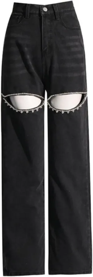 Cut Out Jeans for Women Straight Leg High Waisted Ripped Rhinestone Pearl Beaded Denim Pants