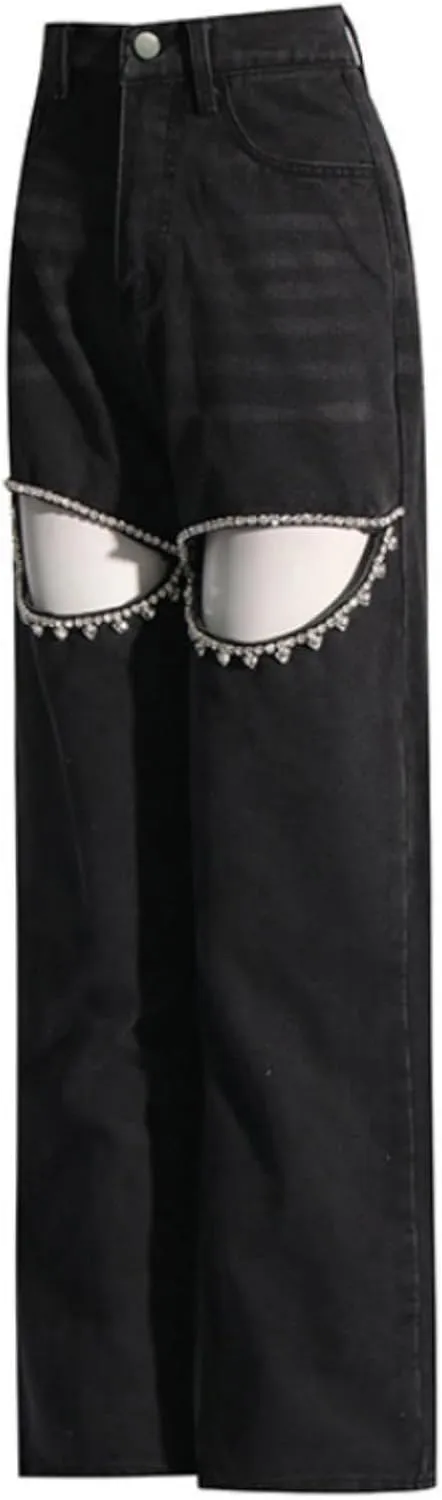 Cut Out Jeans for Women Straight Leg High Waisted Ripped Rhinestone Pearl Beaded Denim Pants