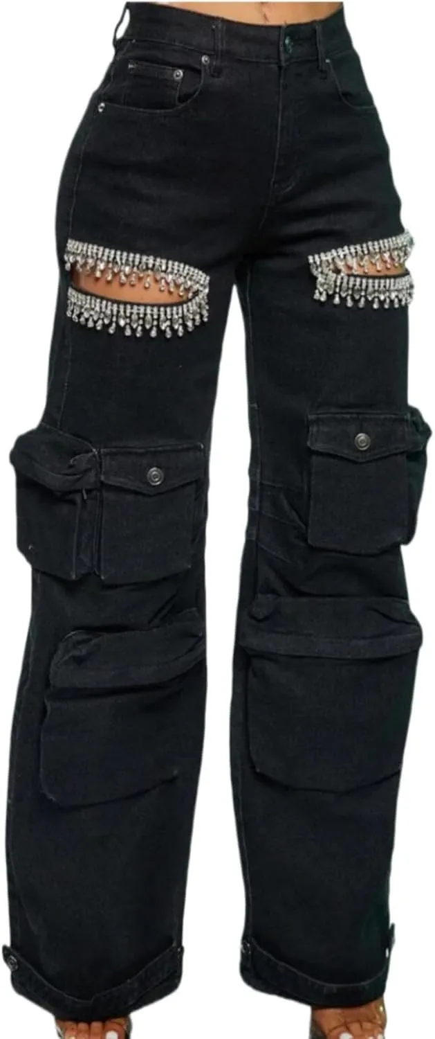 Cut Out Jeans for Women Straight Leg High Waisted Ripped Rhinestone Pearl Beaded Denim Pants
