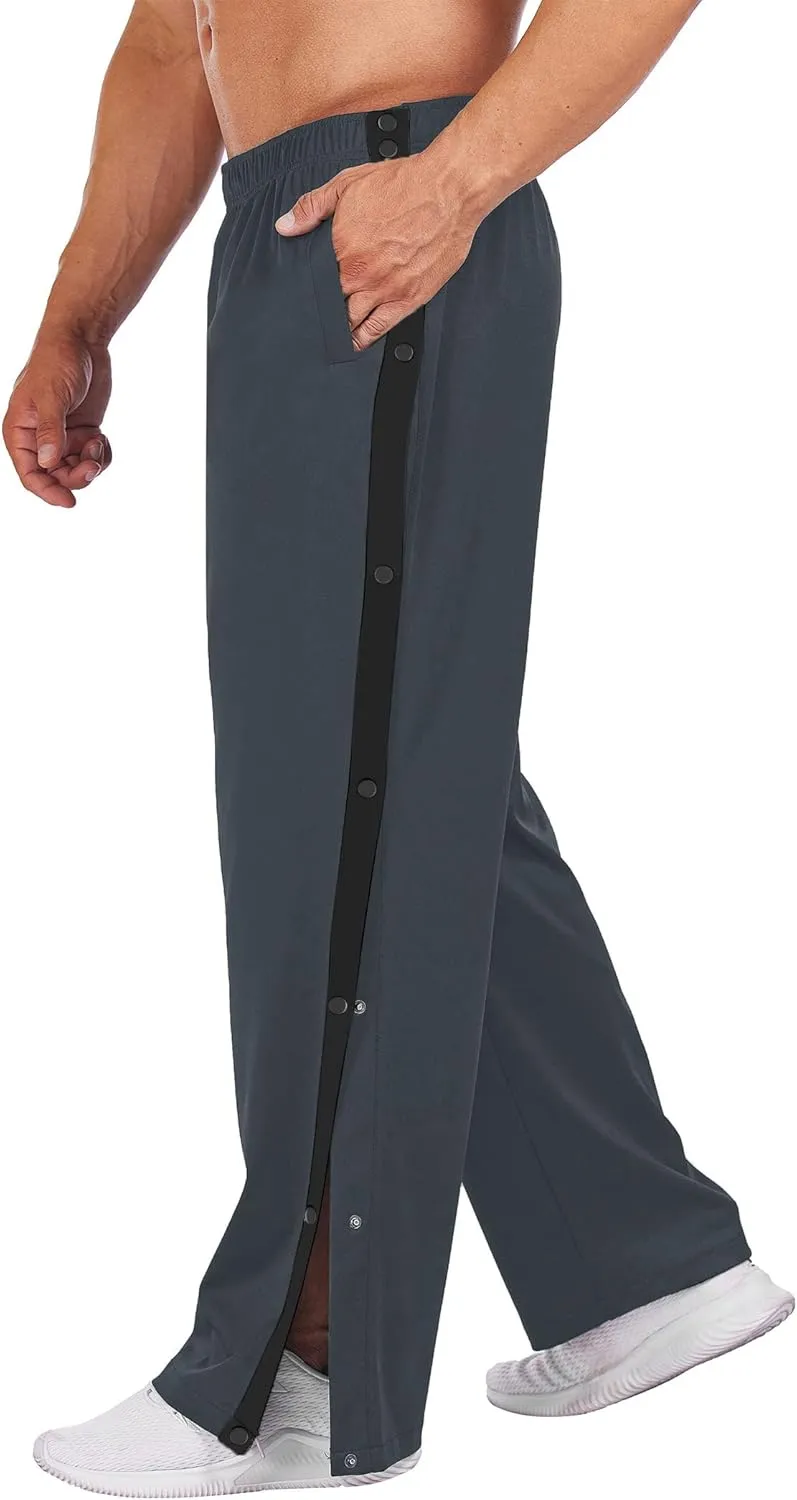 Deyeek Men's Tear Away Basketball Pants High Split Snap Button Casual Post-Surgery Sweatpants with Pockets
