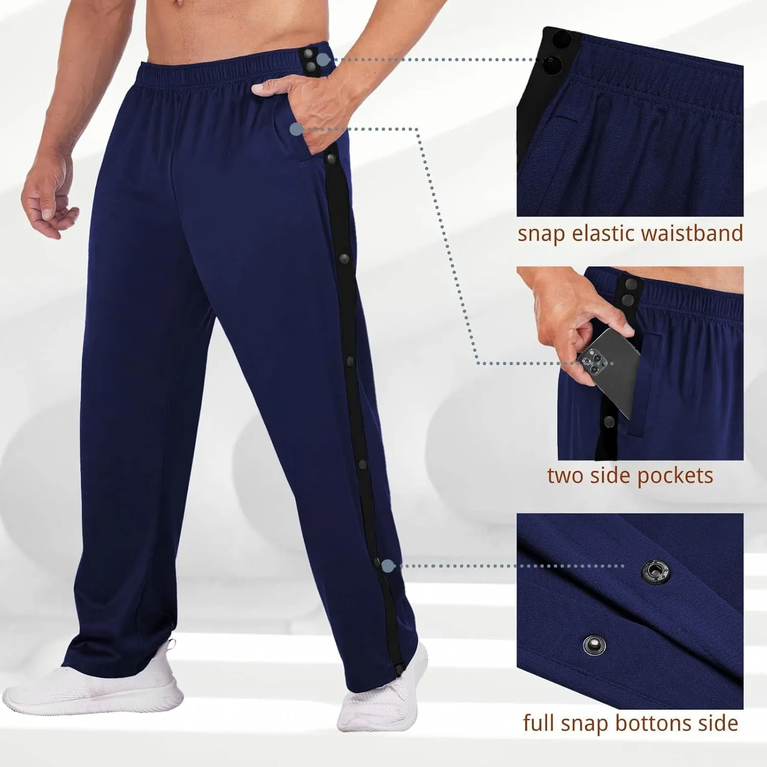 Deyeek Men's Tear Away Basketball Pants High Split Snap Button Casual Post-Surgery Sweatpants with Pockets