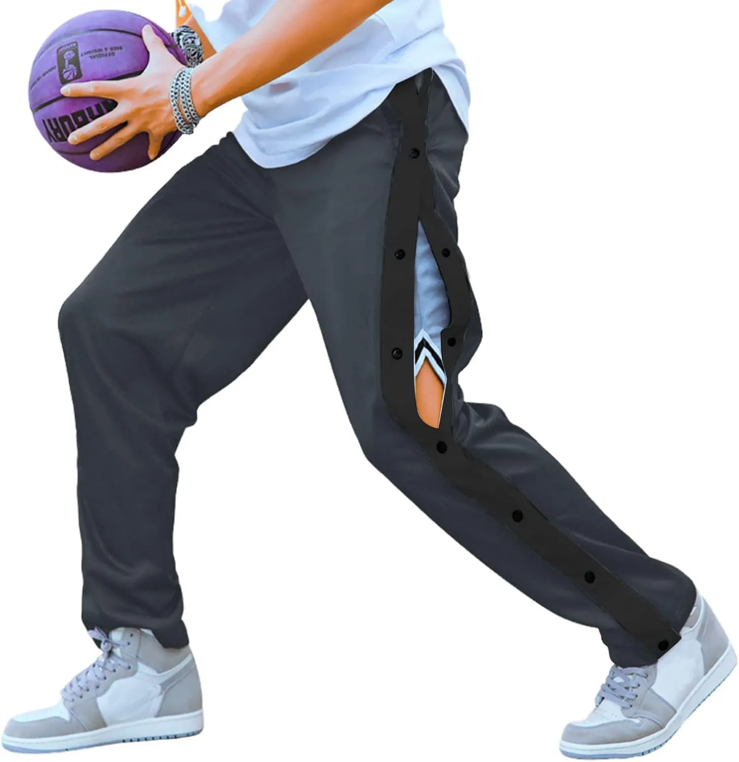 Deyeek Men's Tear Away Basketball Pants High Split Snap Button Casual Post-Surgery Sweatpants with Pockets