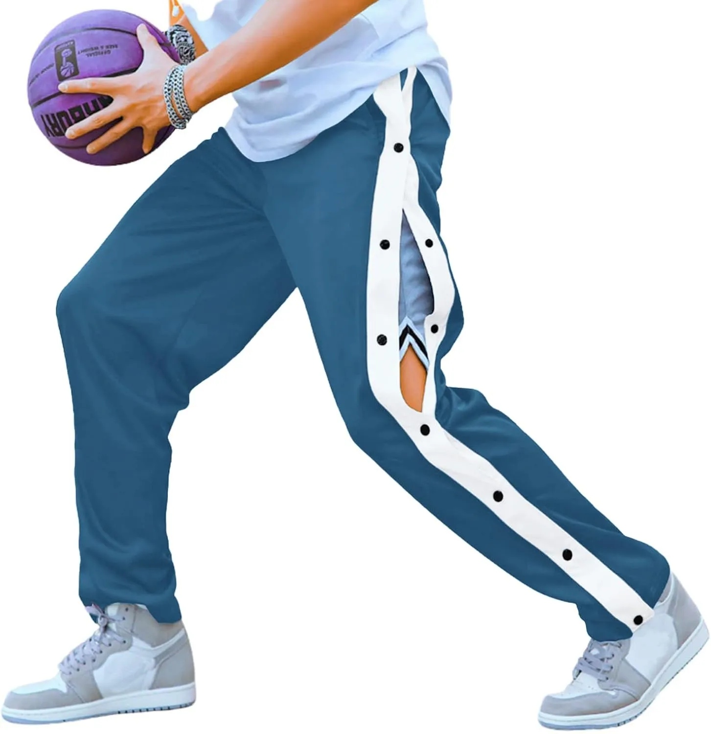 Deyeek Men's Tear Away Basketball Pants High Split Snap Button Casual Post-Surgery Sweatpants with Pockets
