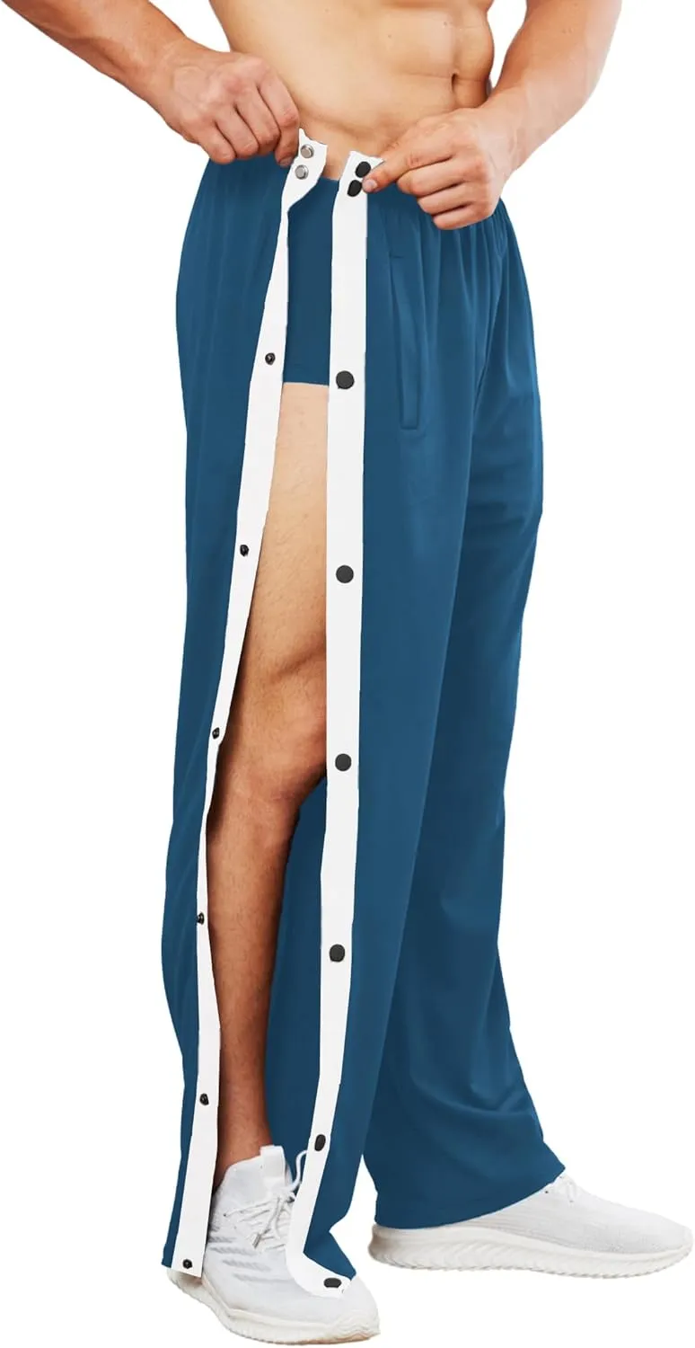 Deyeek Men's Tear Away Basketball Pants High Split Snap Button Casual Post-Surgery Sweatpants with Pockets