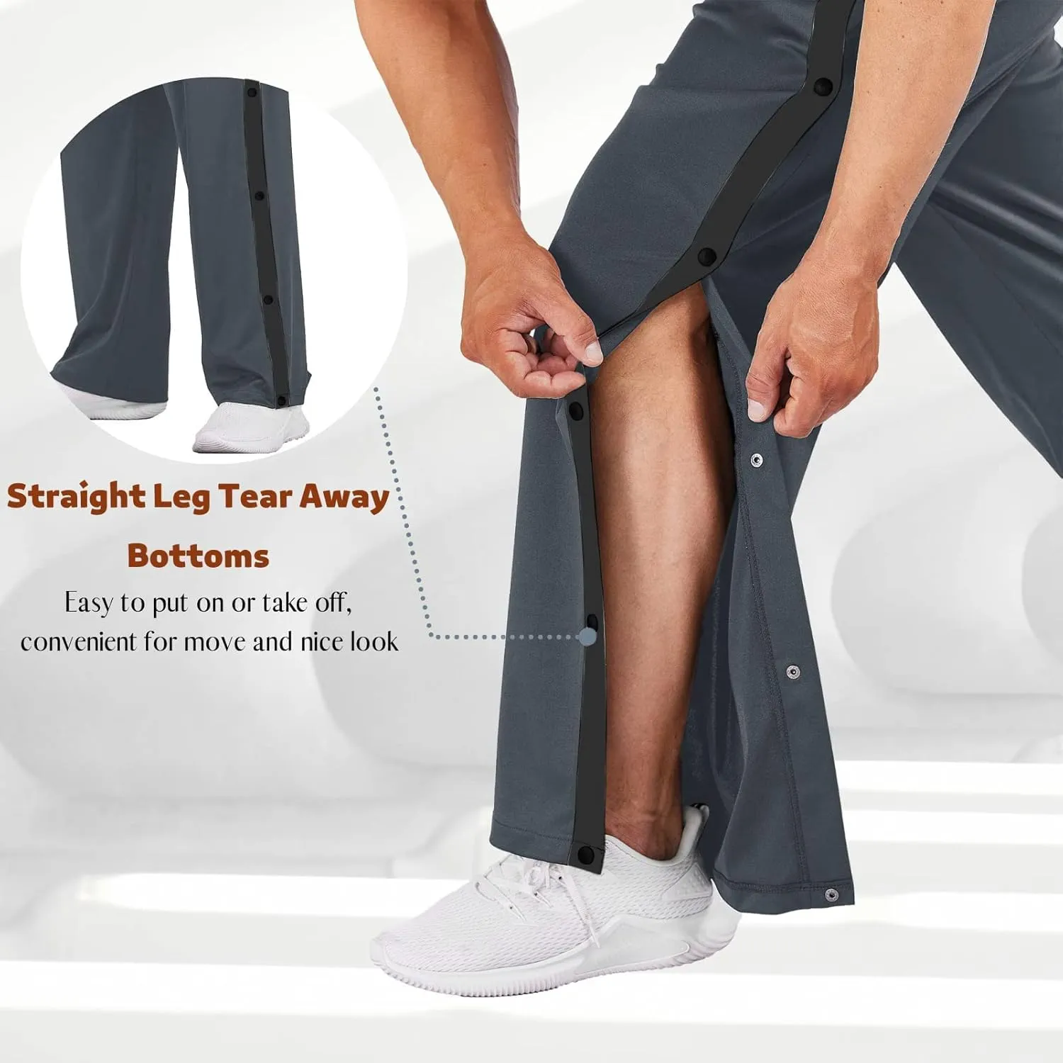 Deyeek Men's Tear Away Basketball Pants High Split Snap Button Casual Post-Surgery Sweatpants with Pockets