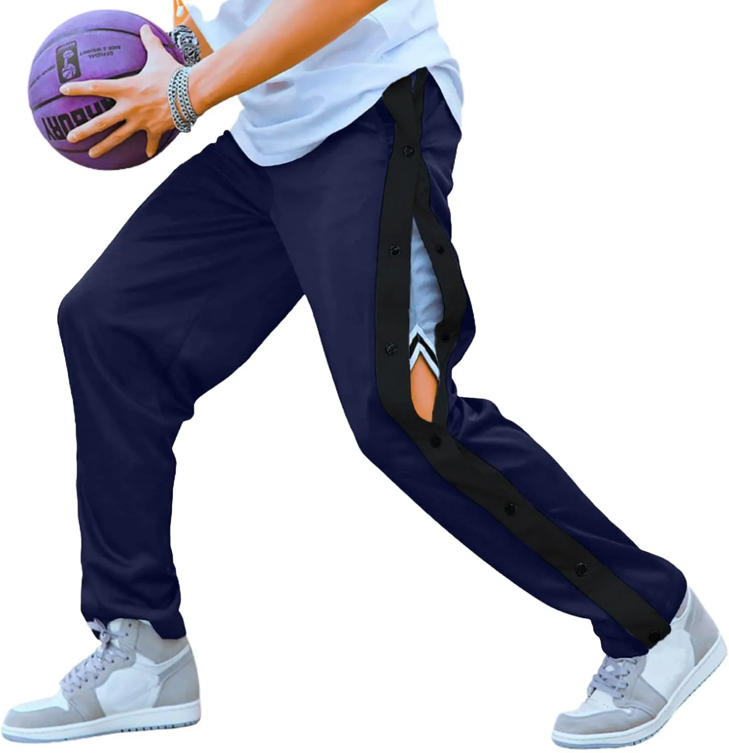Deyeek Men's Tear Away Basketball Pants High Split Snap Button Casual Post-Surgery Sweatpants with Pockets