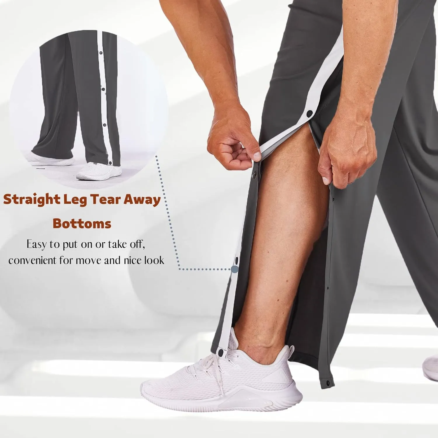Deyeek Men's Tear Away Basketball Pants High Split Snap Button Casual Post-Surgery Sweatpants with Pockets