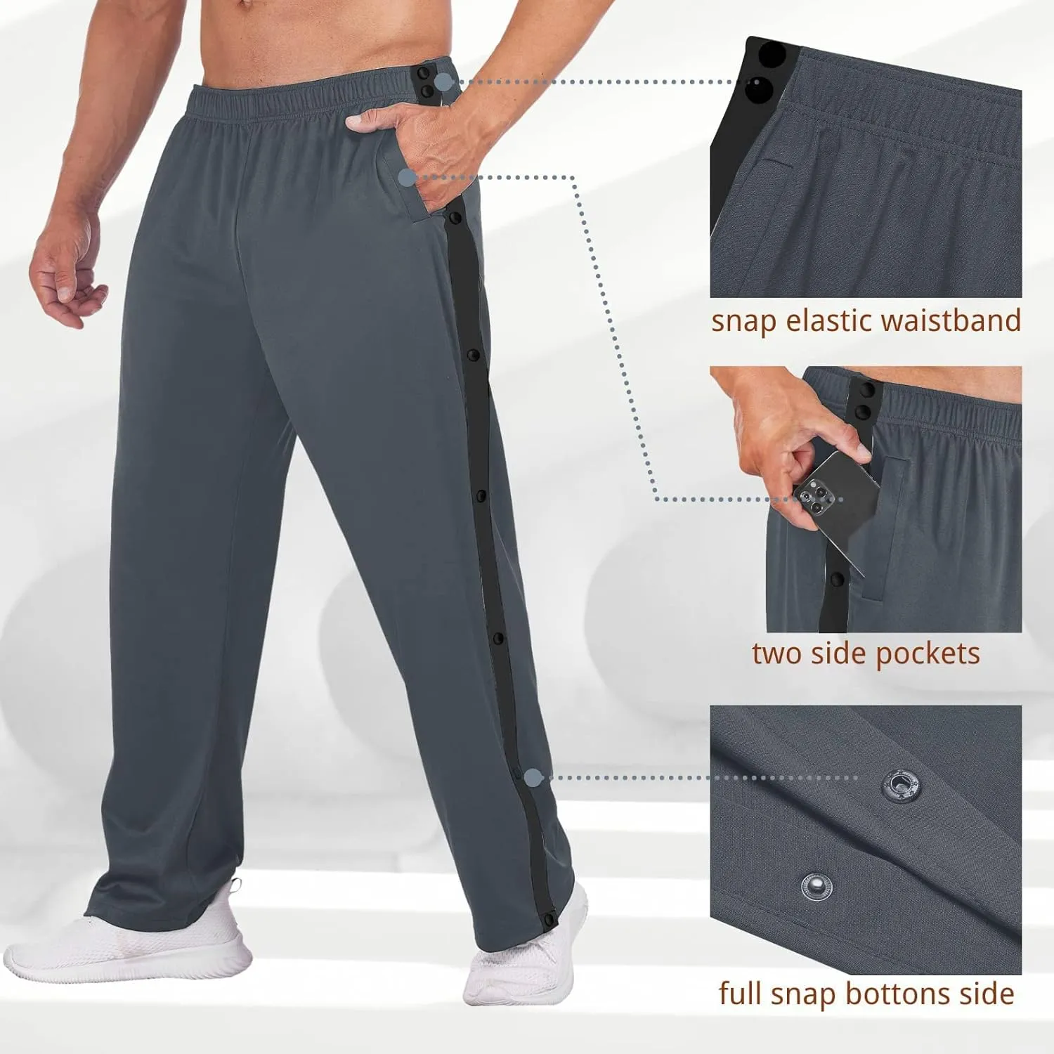 Deyeek Men's Tear Away Basketball Pants High Split Snap Button Casual Post-Surgery Sweatpants with Pockets