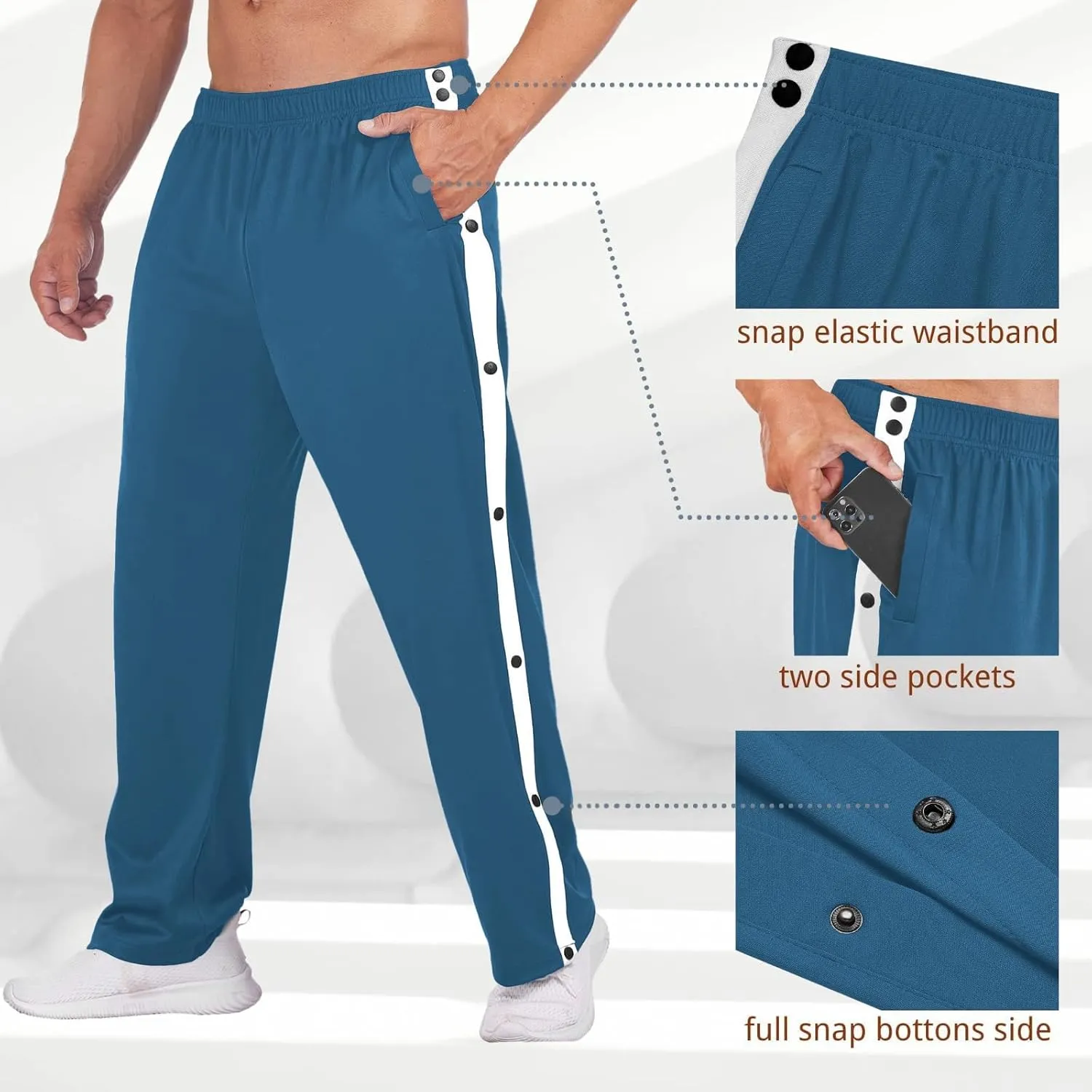 Deyeek Men's Tear Away Basketball Pants High Split Snap Button Casual Post-Surgery Sweatpants with Pockets