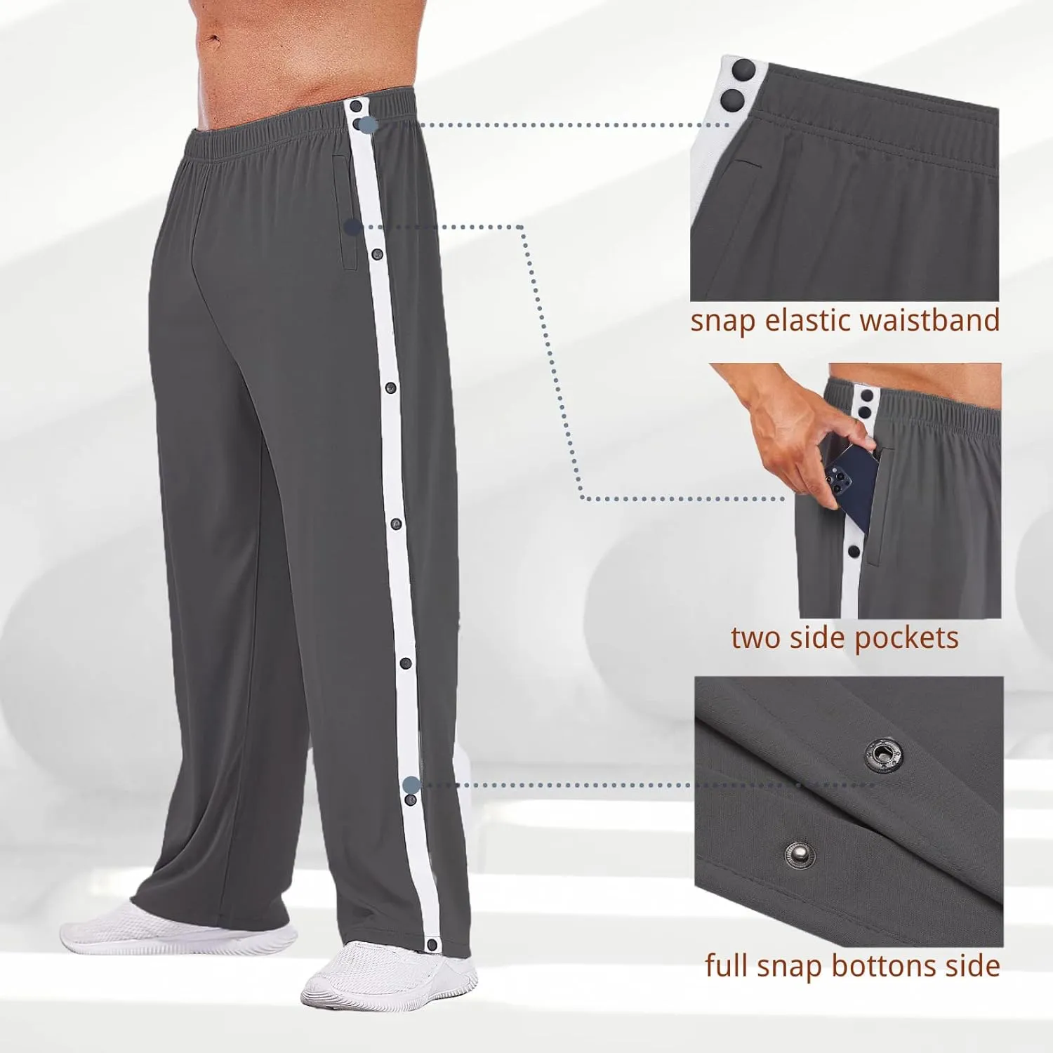 Deyeek Men's Tear Away Basketball Pants High Split Snap Button Casual Post-Surgery Sweatpants with Pockets