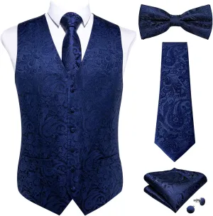 DiBanGu Mens Formal Dress Vest Paisley Jacquard Silk Suit Waistcoat Necktie Bow Tie Set Wedding Party Tuxedo 5PCS