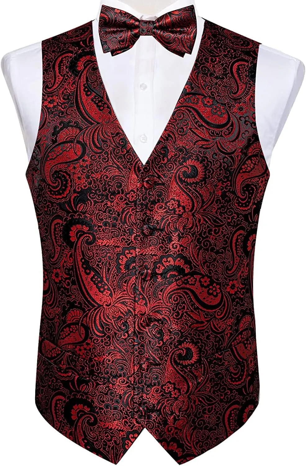 DiBanGu Mens Formal Dress Vest Paisley Jacquard Silk Suit Waistcoat Necktie Bow Tie Set Wedding Party Tuxedo 5PCS