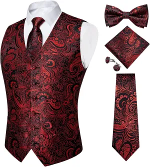 DiBanGu Mens Formal Dress Vest Paisley Jacquard Silk Suit Waistcoat Necktie Bow Tie Set Wedding Party Tuxedo 5PCS