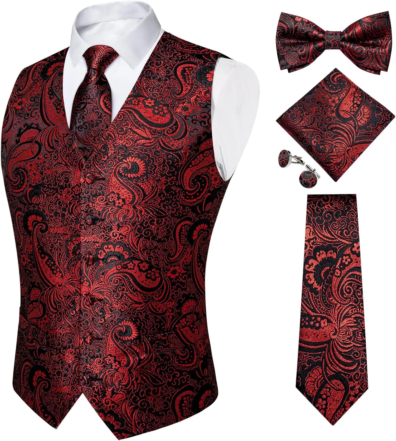 DiBanGu Mens Formal Dress Vest Paisley Jacquard Silk Suit Waistcoat Necktie Bow Tie Set Wedding Party Tuxedo 5PCS