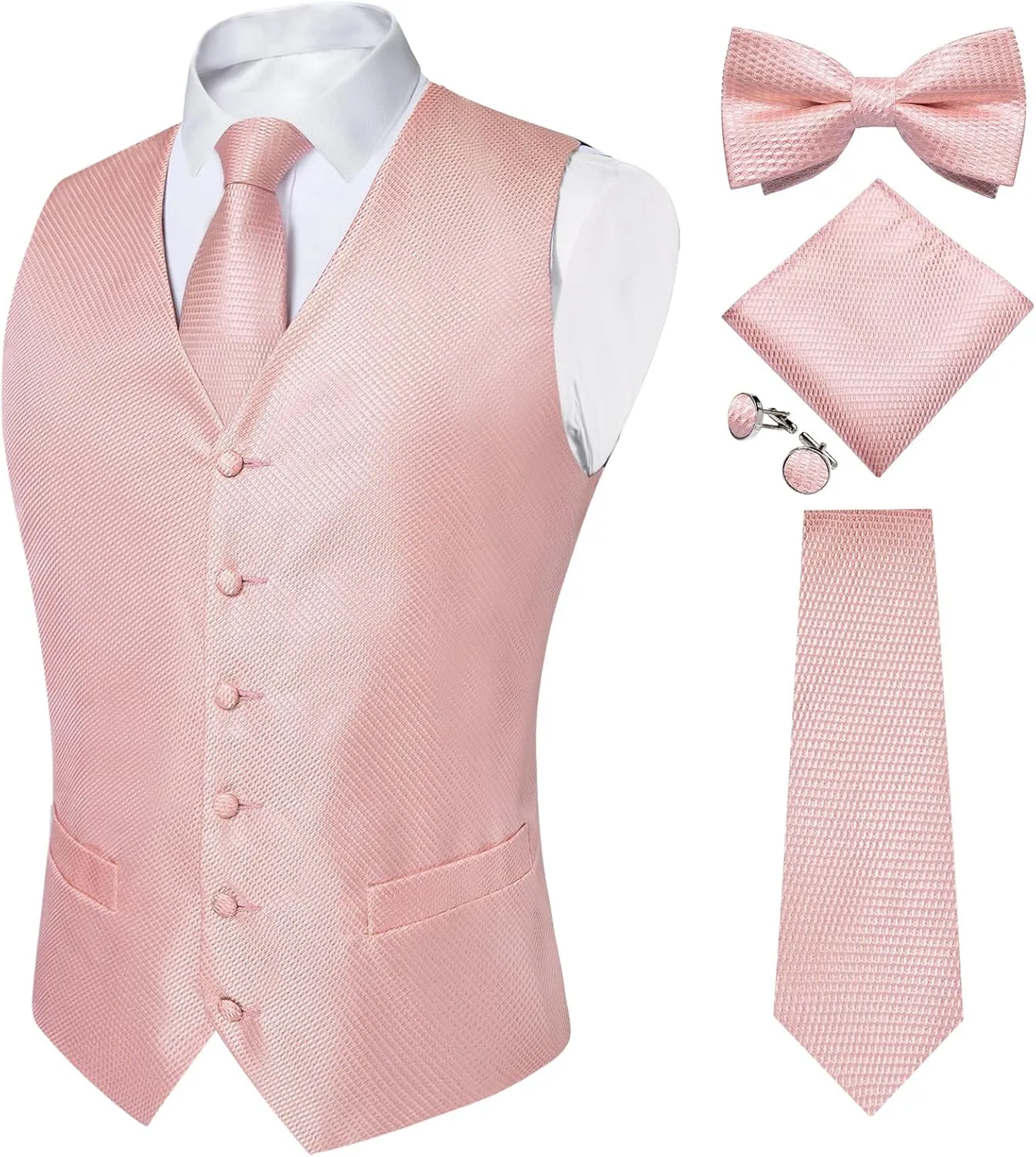 DiBanGu Mens Formal Dress Vest Paisley Jacquard Silk Suit Waistcoat Necktie Bow Tie Set Wedding Party Tuxedo 5PCS