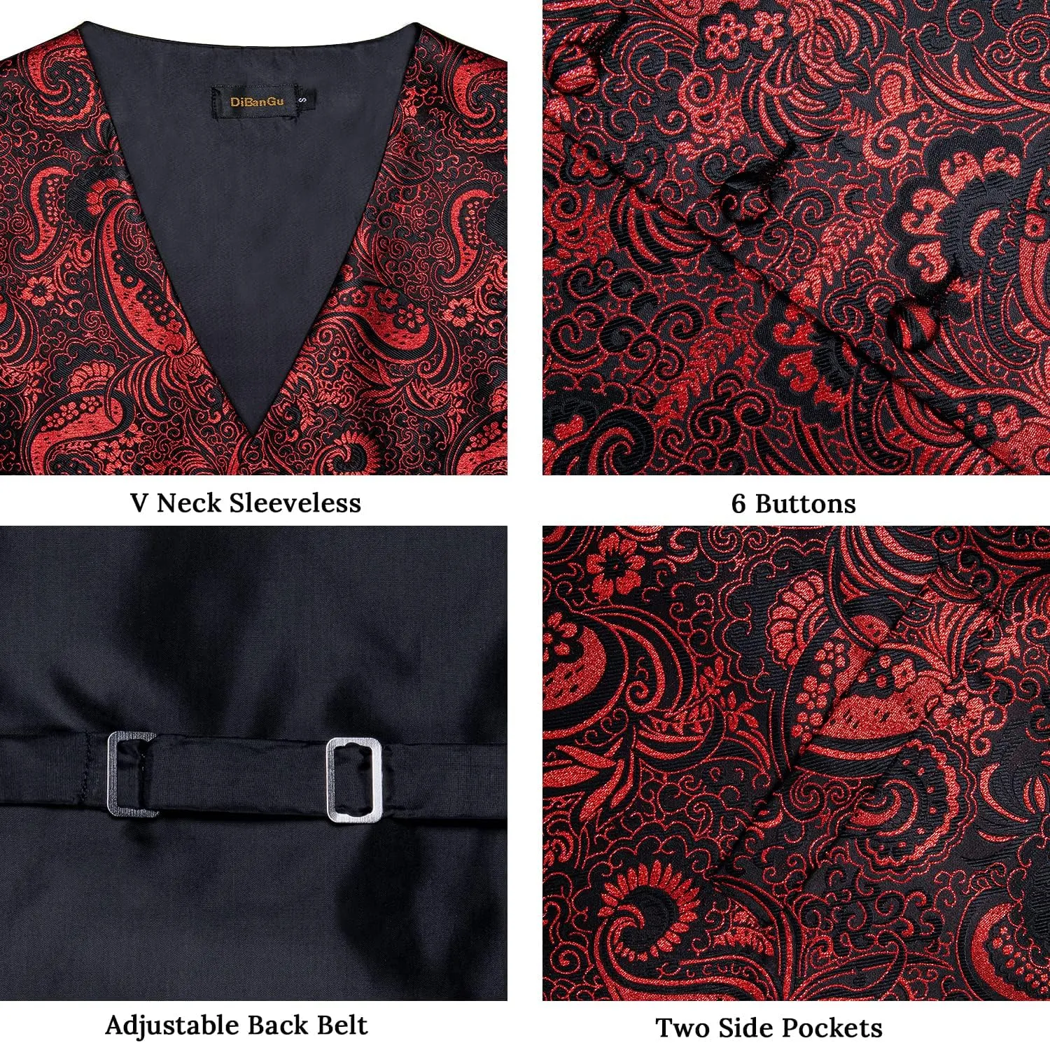 DiBanGu Mens Formal Dress Vest Paisley Jacquard Silk Suit Waistcoat Necktie Bow Tie Set Wedding Party Tuxedo 5PCS