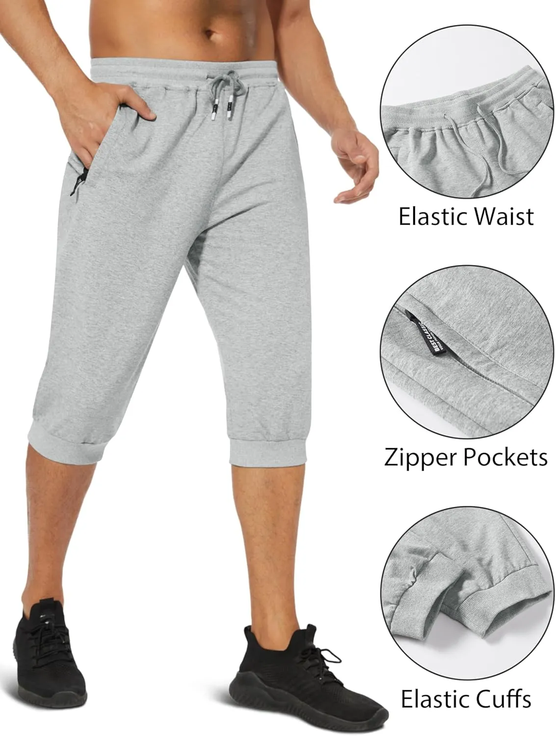 EKLENTSON Men's 3/4 Jogger Capri Pants Elastic Waist Below Knee Shorts Workout Gym Running Sweatpants with Zip Pockets