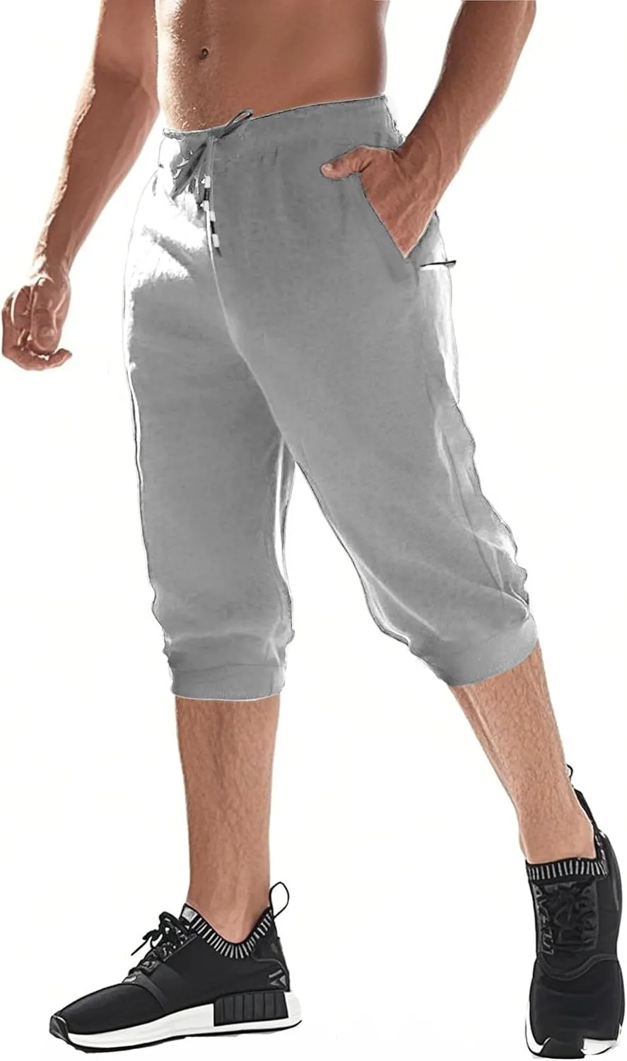 EKLENTSON Men's 3/4 Jogger Capri Pants Elastic Waist Below Knee Shorts Workout Gym Running Sweatpants with Zip Pockets