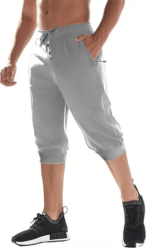 EKLENTSON Men's 3/4 Jogger Capri Pants Elastic Waist Below Knee Shorts Workout Gym Running Sweatpants with Zip Pockets