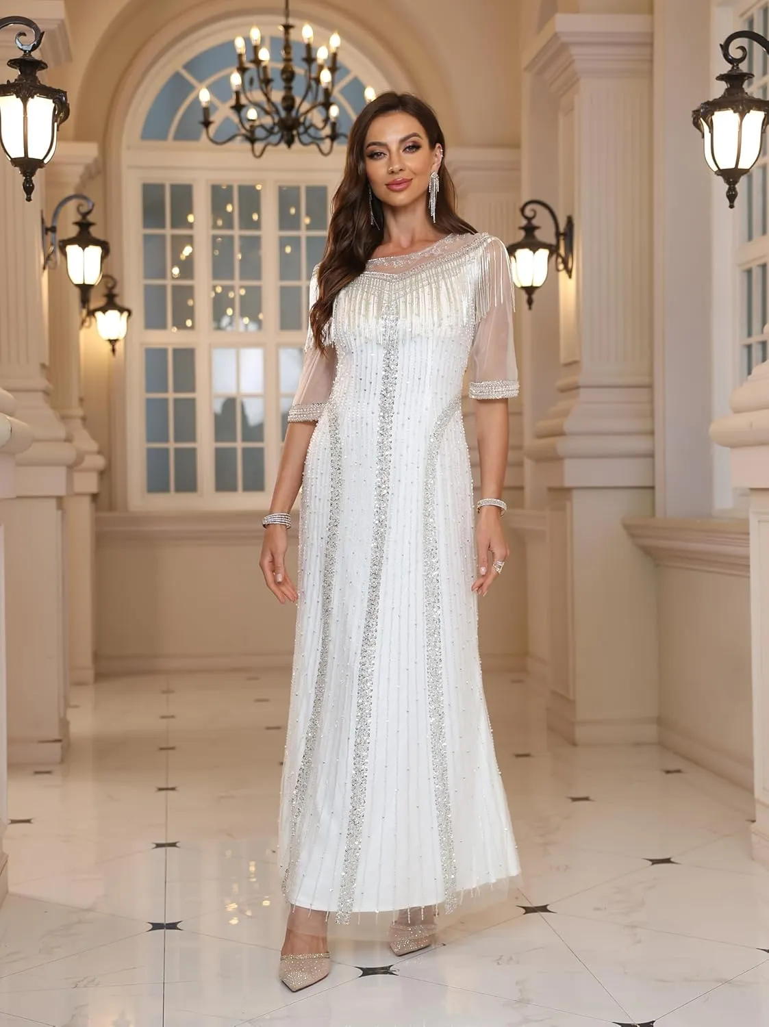Elegant White Evening Gown, Pearl-Style Embroidered, Semi-Sleeve Long Formal Dress, Tailored Fit