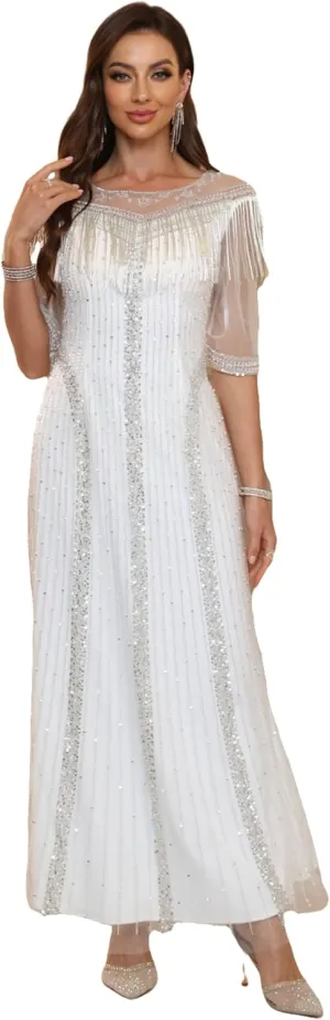 Elegant White Evening Gown, Pearl-Style Embroidered, Semi-Sleeve Long Formal Dress, Tailored Fit