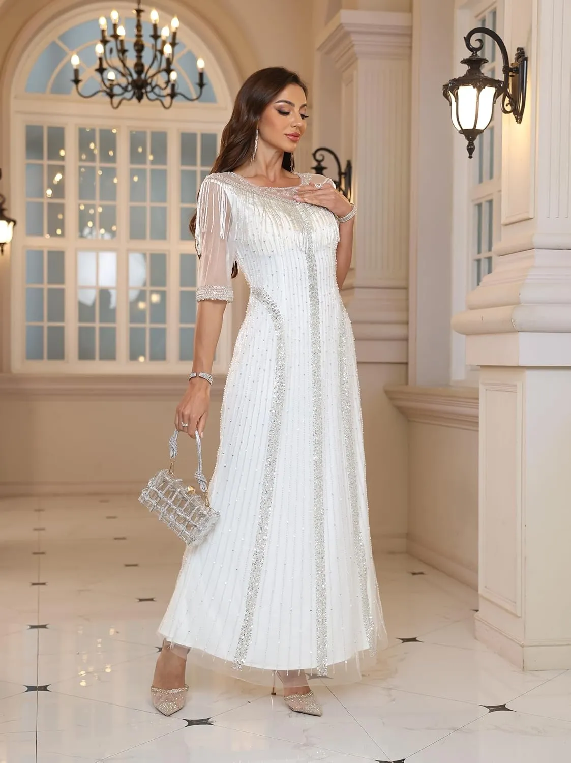Elegant White Evening Gown, Pearl-Style Embroidered, Semi-Sleeve Long Formal Dress, Tailored Fit