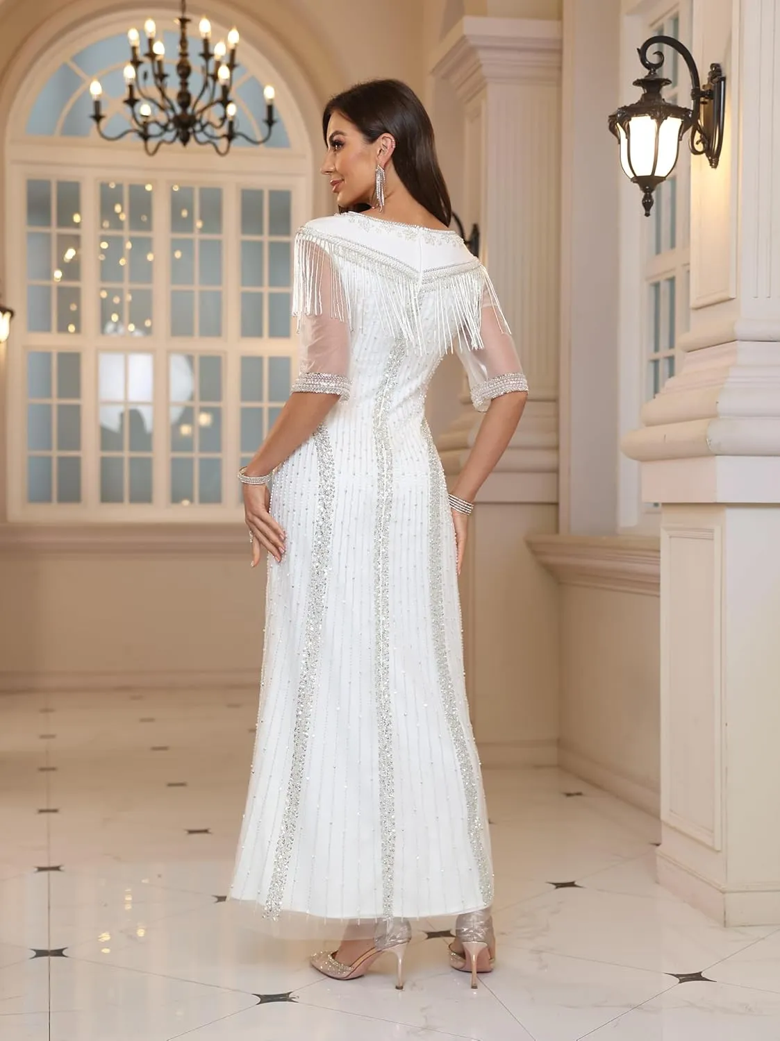 Elegant White Evening Gown, Pearl-Style Embroidered, Semi-Sleeve Long Formal Dress, Tailored Fit