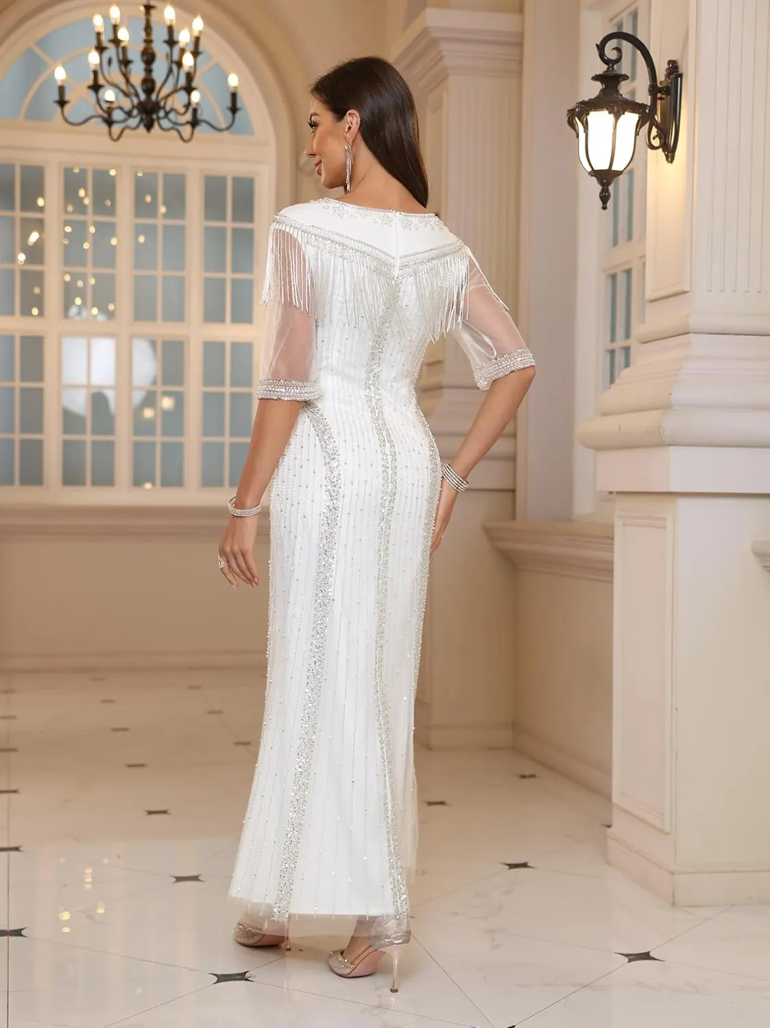Elegant White Evening Gown, Pearl-Style Embroidered, Semi-Sleeve Long Formal Dress, Tailored Fit