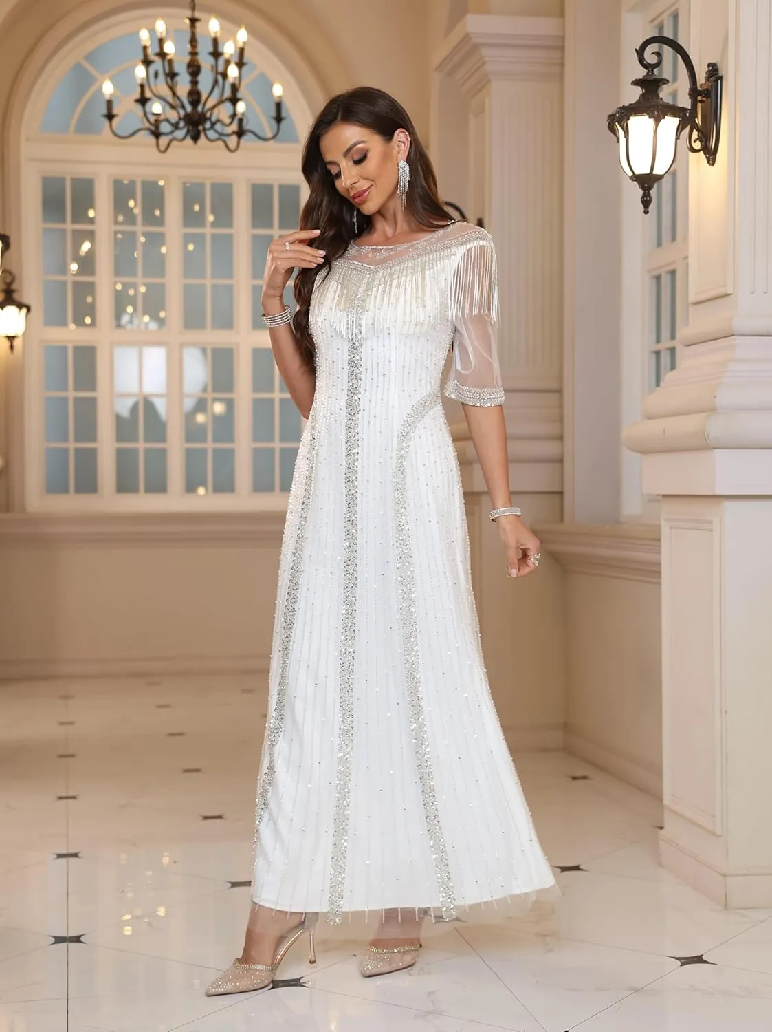 Elegant White Evening Gown, Pearl-Style Embroidered, Semi-Sleeve Long Formal Dress, Tailored Fit