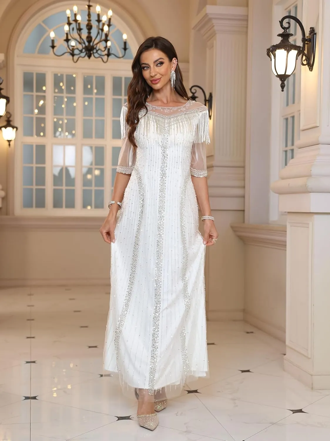 Elegant White Evening Gown, Pearl-Style Embroidered, Semi-Sleeve Long Formal Dress, Tailored Fit