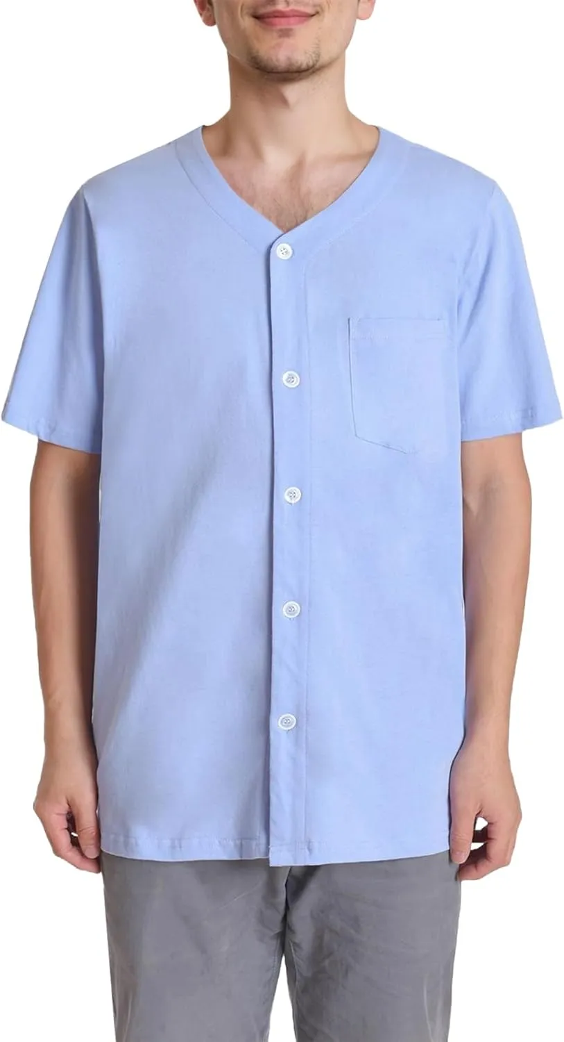Esenchel Men's Button Up Pajama Shirt Cotton Sleep Top 2 Pack
