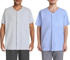 Esenchel Men's Button Up Pajama Shirt Cotton Sleep Top 2 Pack