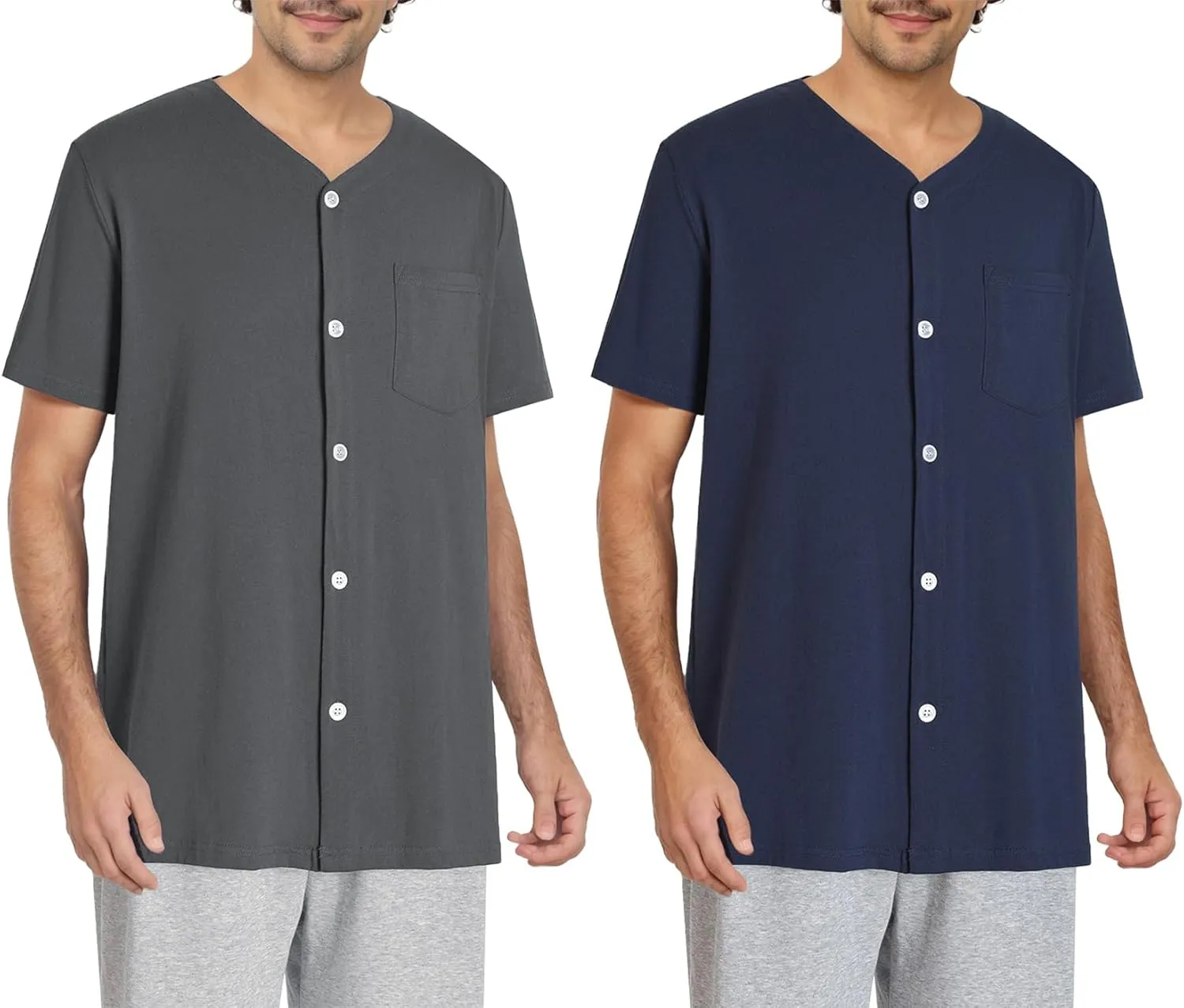 Esenchel Men's Button Up Pajama Shirt Cotton Sleep Top 2 Pack