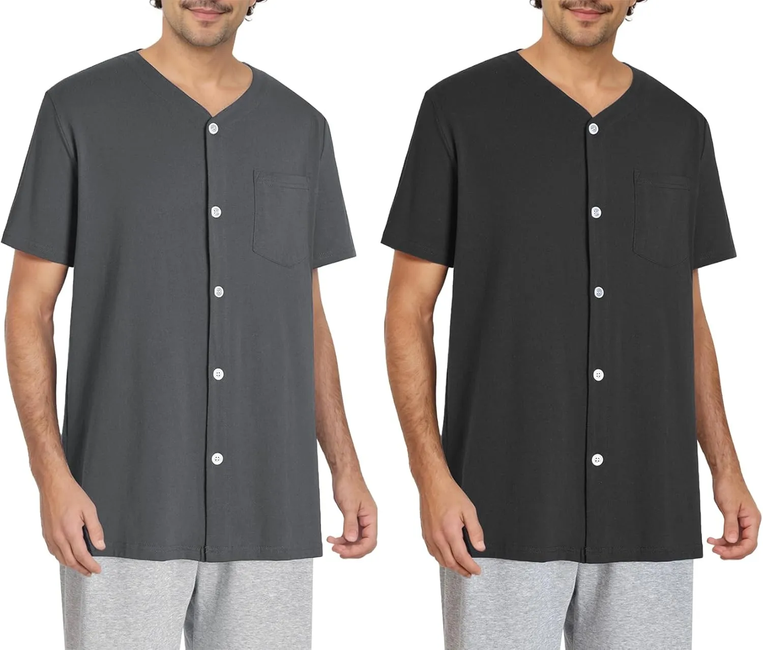 Esenchel Men's Button Up Pajama Shirt Cotton Sleep Top 2 Pack