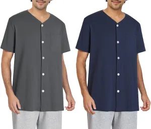 Esenchel Men's Button Up Pajama Shirt Cotton Sleep Top 2 Pack