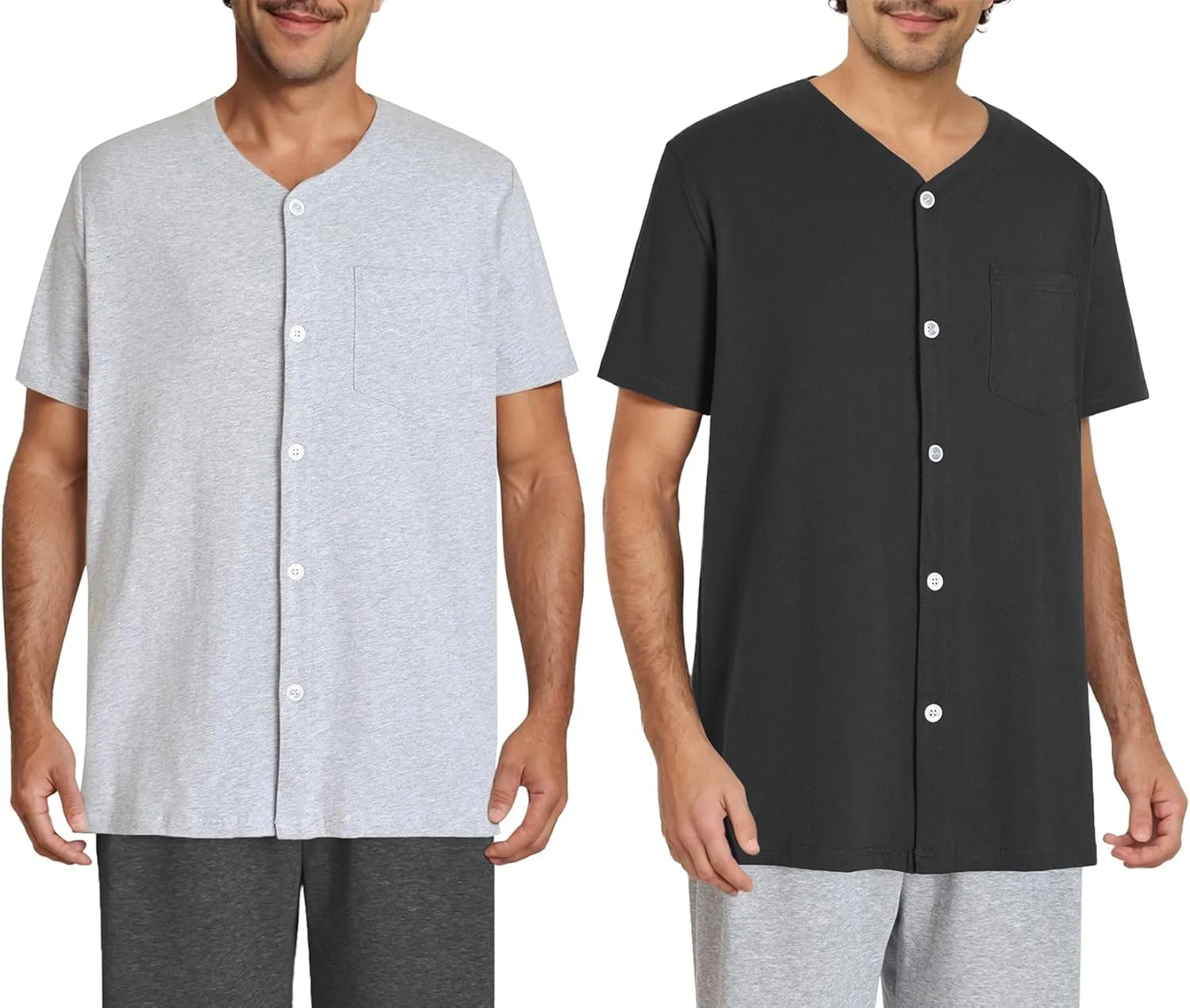 Esenchel Men's Button Up Pajama Shirt Cotton Sleep Top 2 Pack