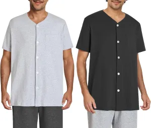 Esenchel Men's Button Up Pajama Shirt Cotton Sleep Top 2 Pack