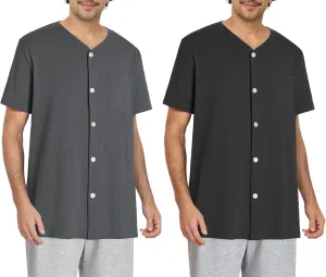 Esenchel Men's Button Up Pajama Shirt Cotton Sleep Top 2 Pack